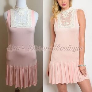 Final Sale | Pink & Ivory Sleeveless Ruffle Midi Dress with Crochet Lace Detail